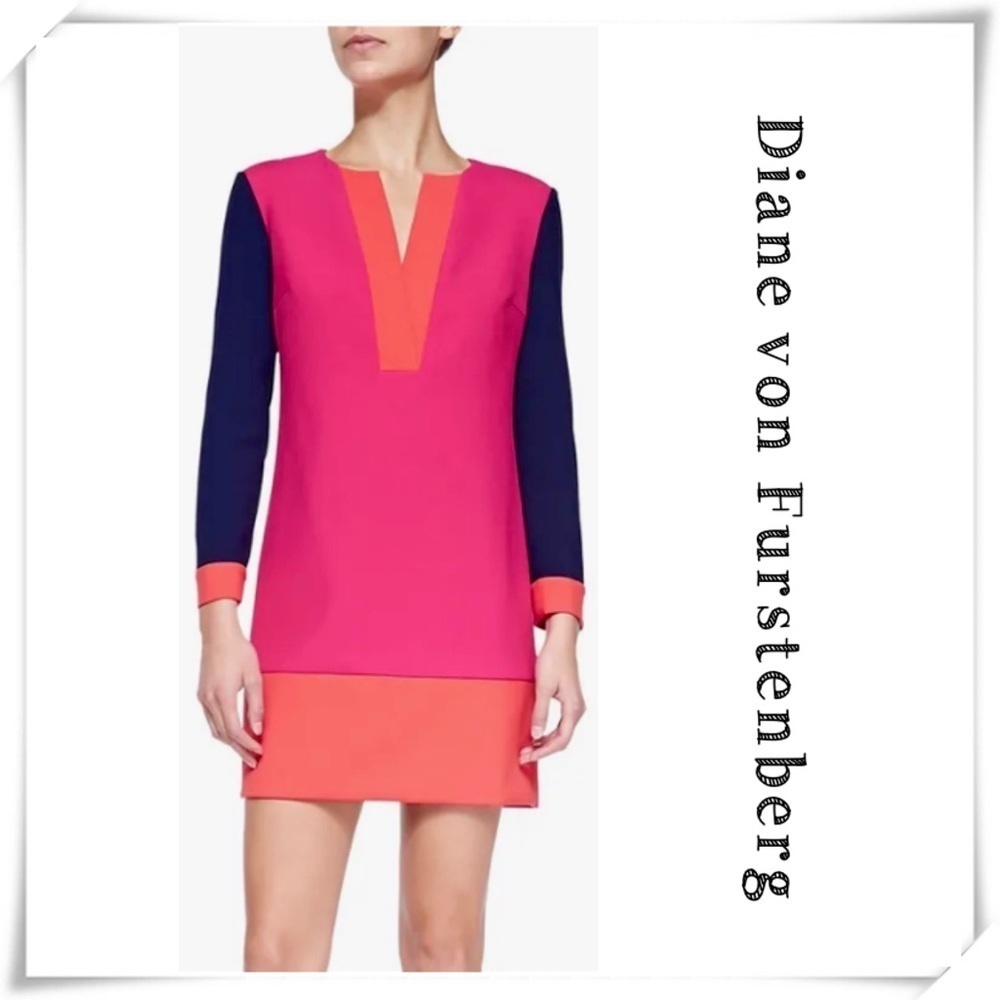 DIANE von Furstenberg Millie Long Sleeve Color Shift Block Dress Pink Navy Sz 6